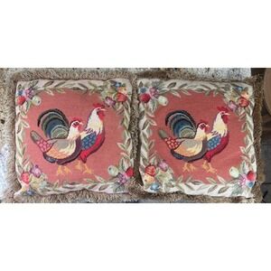 Pair Rooster Hen Wool Needlepoint Decorative Fringe Throw Pillows Country French